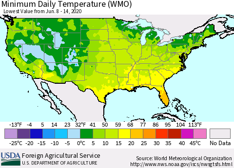 United States Extreme Minimum Temperature (WMO) Thematic Map For 6/8/2020 - 6/14/2020