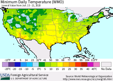 United States Minimum Daily Temperature (WMO) Thematic Map For 6/15/2020 - 6/21/2020