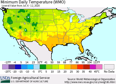 United States Extreme Minimum Temperature (WMO) Thematic Map For 7/6/2020 - 7/12/2020