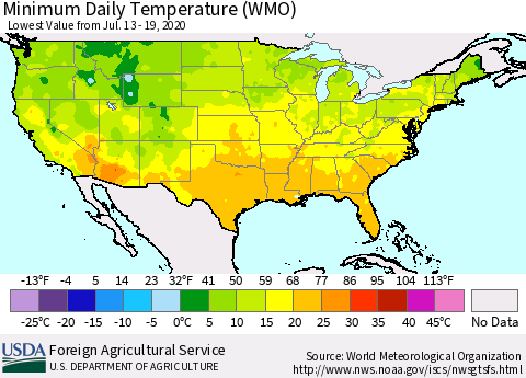 United States Minimum Daily Temperature (WMO) Thematic Map For 7/13/2020 - 7/19/2020
