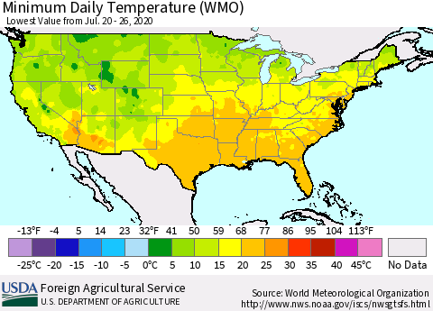 United States Extreme Minimum Temperature (WMO) Thematic Map For 7/20/2020 - 7/26/2020