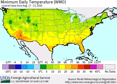 United States Minimum Daily Temperature (WMO) Thematic Map For 8/17/2020 - 8/23/2020