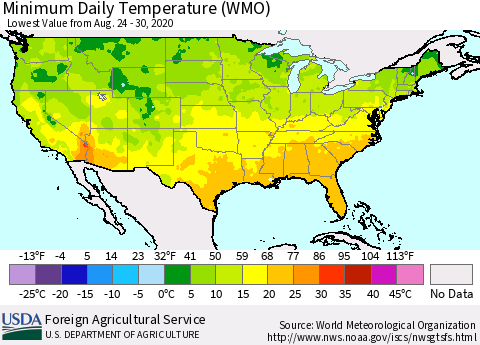 United States Minimum Daily Temperature (WMO) Thematic Map For 8/24/2020 - 8/30/2020