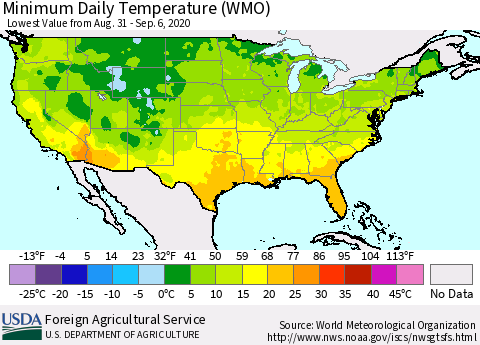United States Extreme Minimum Temperature (WMO) Thematic Map For 8/31/2020 - 9/6/2020