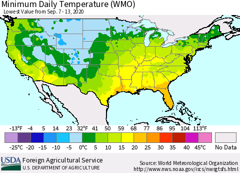 United States Extreme Minimum Temperature (WMO) Thematic Map For 9/7/2020 - 9/13/2020