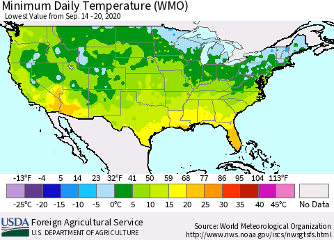 United States Extreme Minimum Temperature (WMO) Thematic Map For 9/14/2020 - 9/20/2020