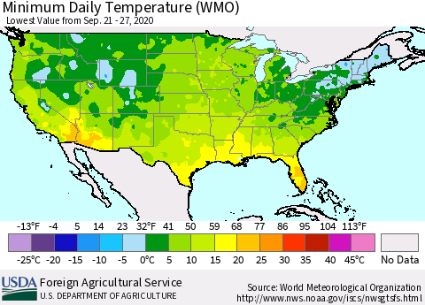 United States Minimum Daily Temperature (WMO) Thematic Map For 9/21/2020 - 9/27/2020