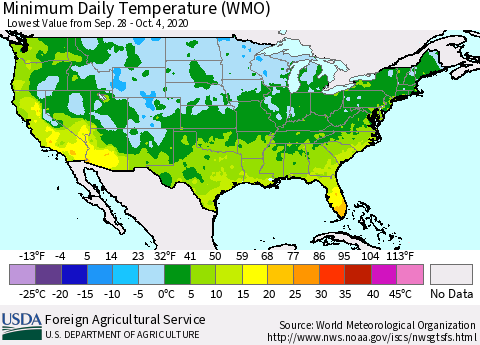 United States Minimum Daily Temperature (WMO) Thematic Map For 9/28/2020 - 10/4/2020