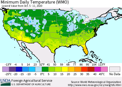 United States Minimum Daily Temperature (WMO) Thematic Map For 10/5/2020 - 10/11/2020