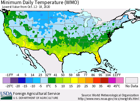 United States Minimum Daily Temperature (WMO) Thematic Map For 10/12/2020 - 10/18/2020