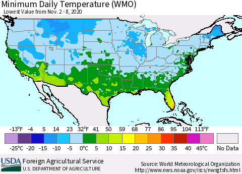 United States Minimum Daily Temperature (WMO) Thematic Map For 11/2/2020 - 11/8/2020