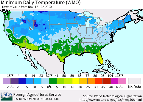 United States Extreme Minimum Temperature (WMO) Thematic Map For 11/16/2020 - 11/22/2020