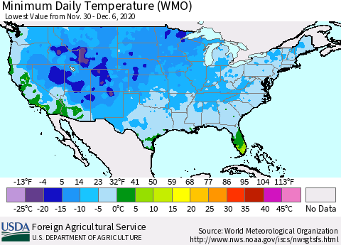 United States Minimum Daily Temperature (WMO) Thematic Map For 11/30/2020 - 12/6/2020
