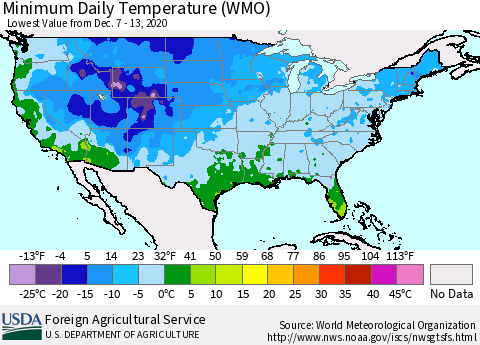 United States Minimum Daily Temperature (WMO) Thematic Map For 12/7/2020 - 12/13/2020