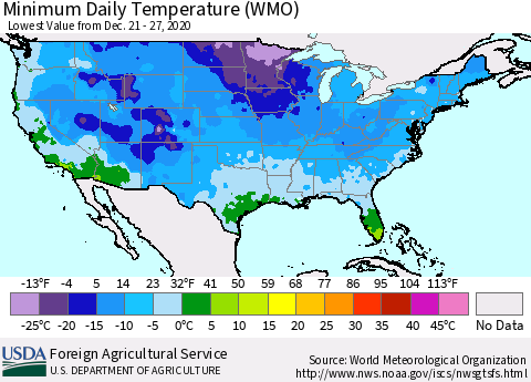 United States Extreme Minimum Temperature (WMO) Thematic Map For 12/21/2020 - 12/27/2020
