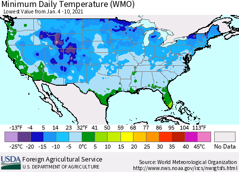 United States Minimum Daily Temperature (WMO) Thematic Map For 1/4/2021 - 1/10/2021