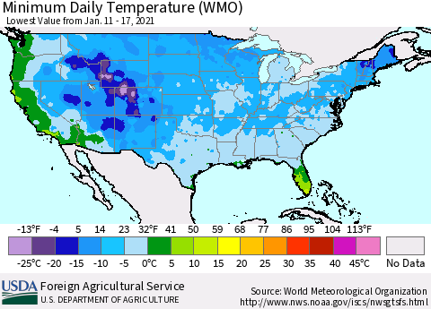 United States Minimum Daily Temperature (WMO) Thematic Map For 1/11/2021 - 1/17/2021