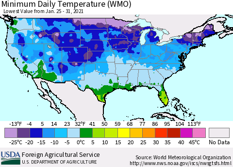 United States Minimum Daily Temperature (WMO) Thematic Map For 1/25/2021 - 1/31/2021