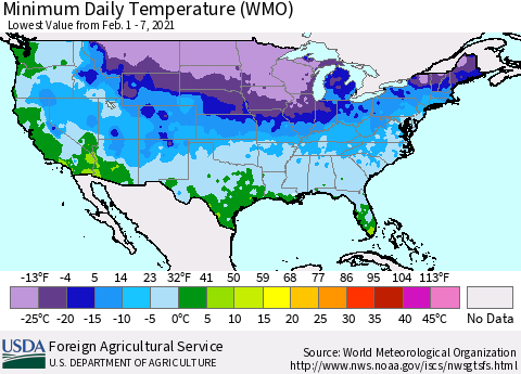 United States Minimum Daily Temperature (WMO) Thematic Map For 2/1/2021 - 2/7/2021