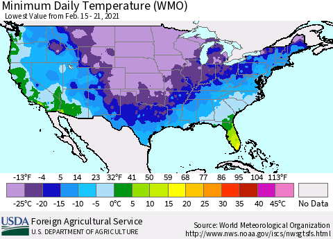 United States Minimum Daily Temperature (WMO) Thematic Map For 2/15/2021 - 2/21/2021