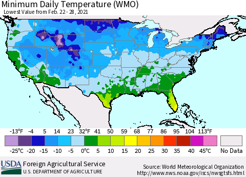 United States Minimum Daily Temperature (WMO) Thematic Map For 2/22/2021 - 2/28/2021