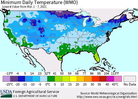 United States Minimum Daily Temperature (WMO) Thematic Map For 3/1/2021 - 3/7/2021