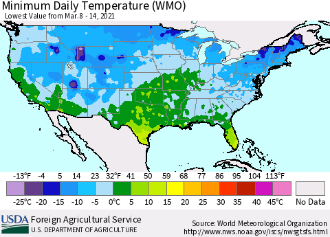 United States Minimum Daily Temperature (WMO) Thematic Map For 3/8/2021 - 3/14/2021
