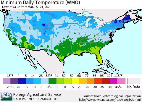United States Extreme Minimum Temperature (WMO) Thematic Map For 3/15/2021 - 3/21/2021