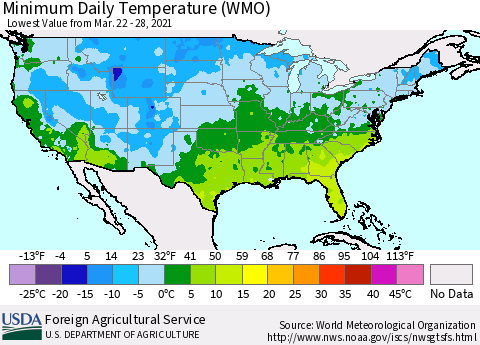 United States Extreme Minimum Temperature (WMO) Thematic Map For 3/22/2021 - 3/28/2021