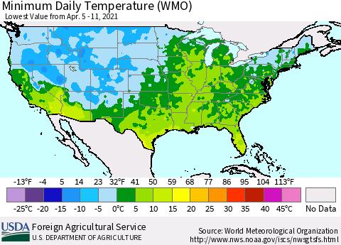 United States Minimum Daily Temperature (WMO) Thematic Map For 4/5/2021 - 4/11/2021