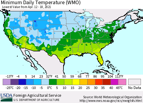 United States Minimum Daily Temperature (WMO) Thematic Map For 4/12/2021 - 4/18/2021