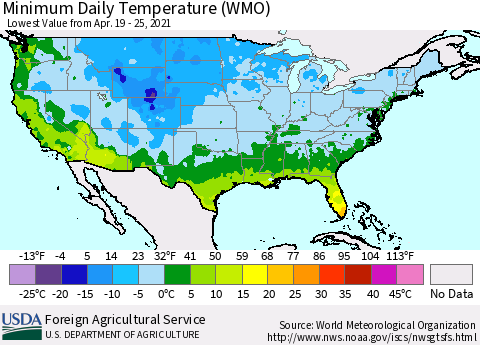 United States Minimum Daily Temperature (WMO) Thematic Map For 4/19/2021 - 4/25/2021
