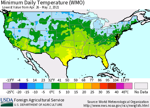 United States Extreme Minimum Temperature (WMO) Thematic Map For 4/26/2021 - 5/2/2021
