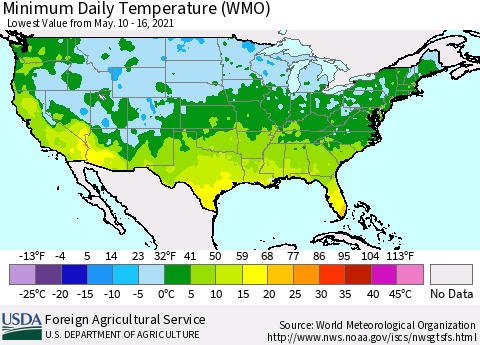United States Minimum Daily Temperature (WMO) Thematic Map For 5/10/2021 - 5/16/2021