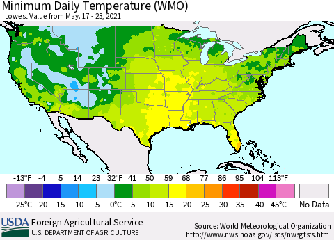 United States Extreme Minimum Temperature (WMO) Thematic Map For 5/17/2021 - 5/23/2021
