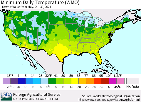 United States Minimum Daily Temperature (WMO) Thematic Map For 5/24/2021 - 5/30/2021