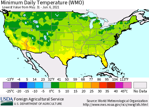 United States Minimum Daily Temperature (WMO) Thematic Map For 5/31/2021 - 6/6/2021