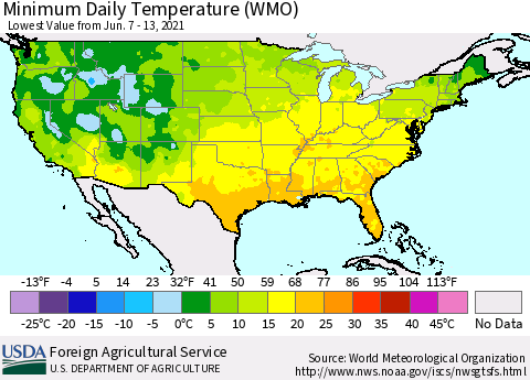 United States Extreme Minimum Temperature (WMO) Thematic Map For 6/7/2021 - 6/13/2021