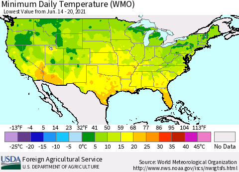 United States Minimum Daily Temperature (WMO) Thematic Map For 6/14/2021 - 6/20/2021