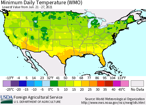United States Extreme Minimum Temperature (WMO) Thematic Map For 6/21/2021 - 6/27/2021
