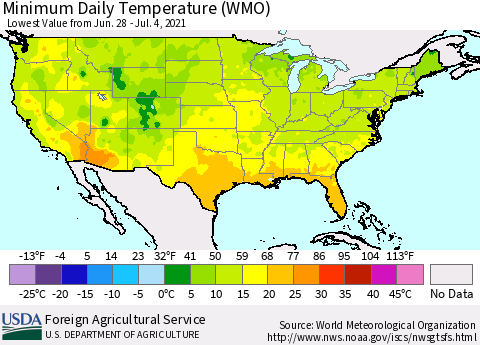 United States Minimum Daily Temperature (WMO) Thematic Map For 6/28/2021 - 7/4/2021