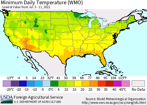 United States Minimum Daily Temperature (WMO) Thematic Map For 7/5/2021 - 7/11/2021