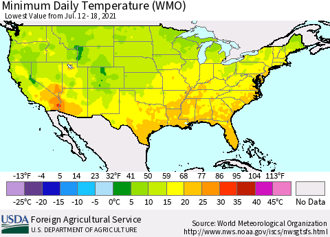 United States Minimum Daily Temperature (WMO) Thematic Map For 7/12/2021 - 7/18/2021