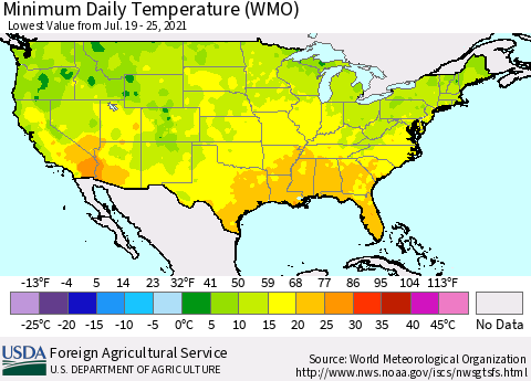 United States Extreme Minimum Temperature (WMO) Thematic Map For 7/19/2021 - 7/25/2021