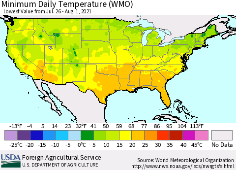 United States Extreme Minimum Temperature (WMO) Thematic Map For 7/26/2021 - 8/1/2021