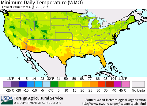 United States Minimum Daily Temperature (WMO) Thematic Map For 8/2/2021 - 8/8/2021