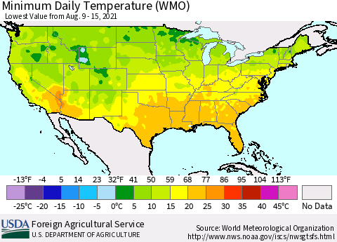 United States Minimum Daily Temperature (WMO) Thematic Map For 8/9/2021 - 8/15/2021