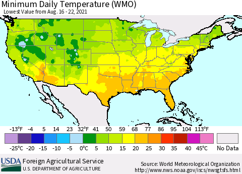 United States Extreme Minimum Temperature (WMO) Thematic Map For 8/16/2021 - 8/22/2021