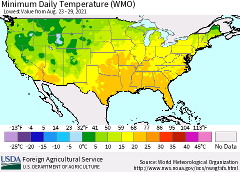United States Extreme Minimum Temperature (WMO) Thematic Map For 8/23/2021 - 8/29/2021