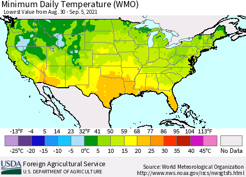 United States Minimum Daily Temperature (WMO) Thematic Map For 8/30/2021 - 9/5/2021